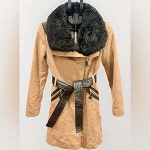 Via Spiga Beige Faux Fur Collar Mixed-Media Coat Size 2 Vintage